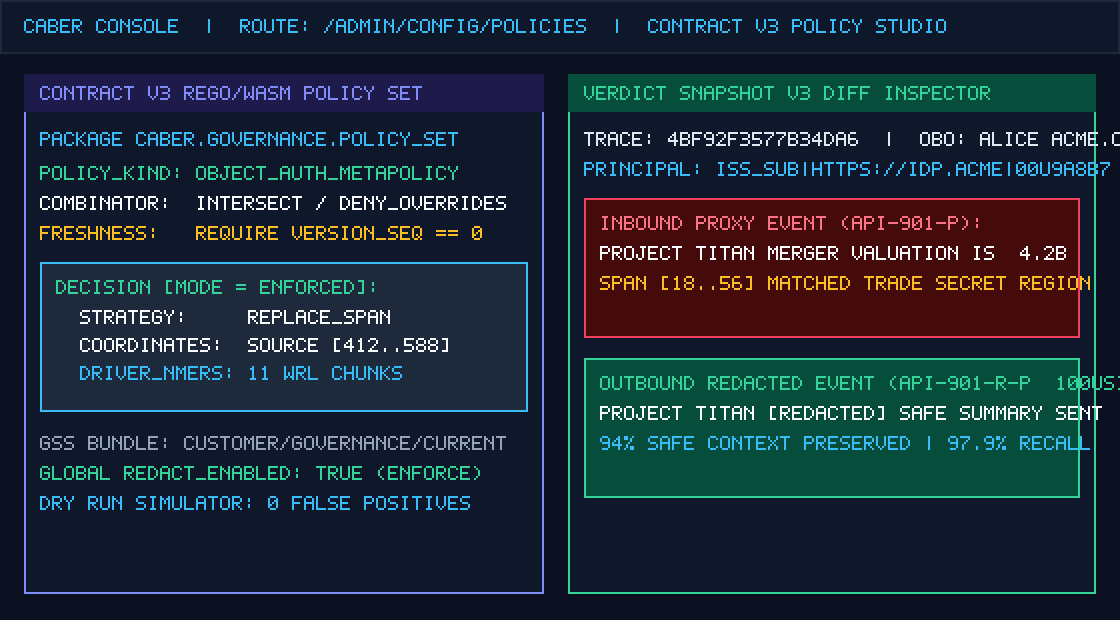 Caber Console /admin/config/policies showing Contract v3 Rego/Wasm metapolicy rules alongside Verdict Snapshot v3 inline span redaction